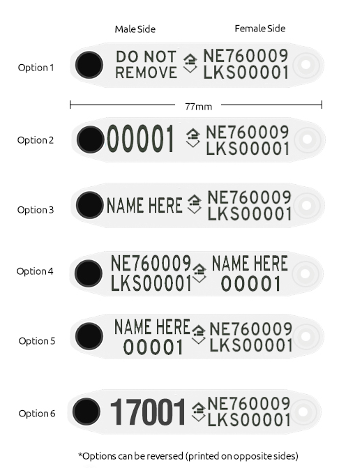 Sheep Tag Print Layout Reference Guide showing Options 1-6