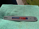 Chainsaw guide bar on outdoor bench, clearance stock