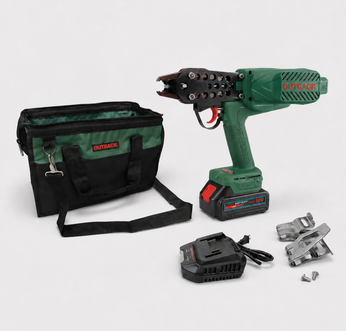 Outback ClipGun OCG-1 cordless fencing clip gun with battery, charger and carry bag